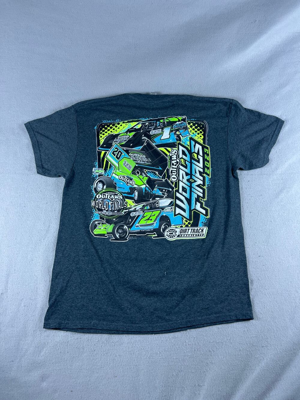 World of Outlaws World Finals 2023 Shirt Mens L Gray Dirt Track Racing Graphics